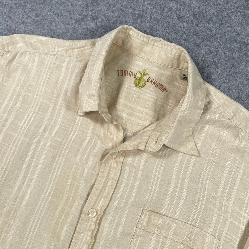 Tommy Bahama Mens Shirt L Beige Plaid Linen Long Sleeve Resort Island Hawaiian